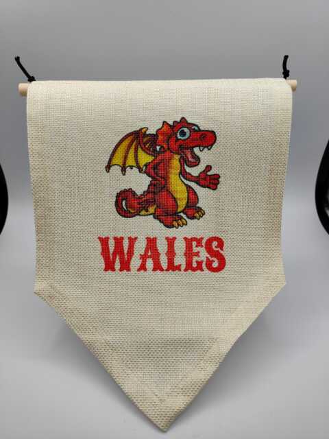 Cartoon Welsh Dragon Cymru Wales Banner Flag, Linen Wall Art, Stocking Filler, Room Decor, Hanging Kid's Children's Decor - image 1