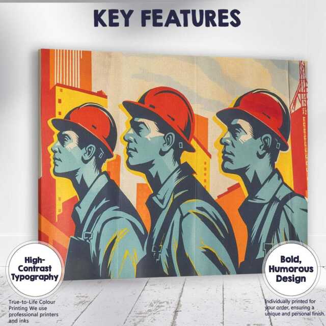 Retro Industrial Construction Workers Graphic Illustration Canvas Wall Art Print Decor Picture Ready To Hang - image 1