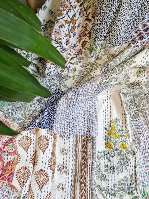 Kantha Stitch Patchwork Pure Cotton Reversible Bed Sofa Picnic Kids Room Throw Single Twin Dohar Floral Colourful White Blue Yellow Pink - image 1