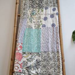 Kantha Stitch Patchwork Pure Cotton Reversible Bed Sofa Picnic Kids Room Throw Single Twin Dohar Floral Colourful White Blue Yellow Pink - thumbnail 2