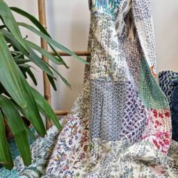 Kantha Stitch Patchwork Pure Cotton Reversible Bed Sofa Picnic Kids Room Throw Single Twin Dohar Floral Colourful White Blue Yellow Pink - thumbnail 3