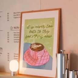 It's Never Too Late To Try Something New - Coffee Wall Art, Poster, Print, Original, Drawing, Motivational Quote, Happiness, New Things - thumbnail 2