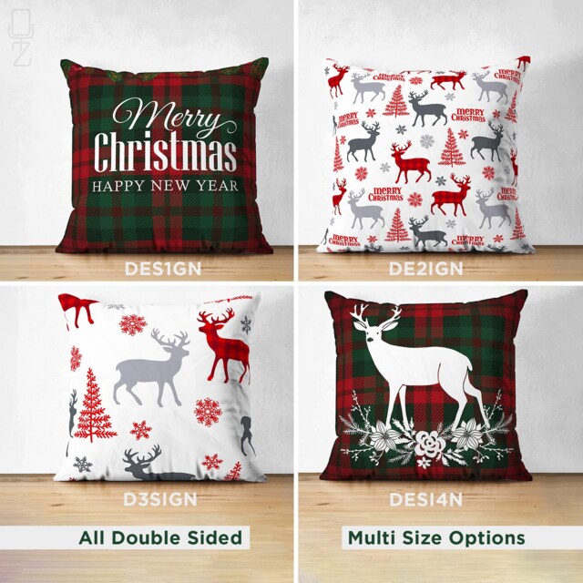 Suede Christmas Cushion Cover With Plaid Pattern - Xmas Reindeers & Flowers Double Sided Printed Soft Fabric, Multi-Sizes, Oeko-Tex?? - image 1