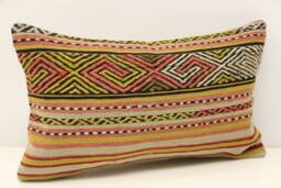 Turkish Kilim Lumbar Pillow Cover, Wool & Cotton - 12x20 Inch - thumbnail 1