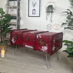 Vintage Trunk Suitcase Storage Coffee Table Painted Red - thumbnail 2