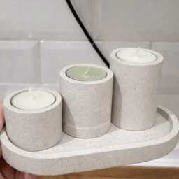 Handmade Concrete Candle Holder Trio - Minimalist Tea Light Set With Tray Modern Neutral Home Decor Housewarming Gift - thumbnail 3