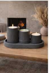 Handmade Concrete Candle Holder Trio - Minimalist Tea Light Set With Tray Modern Neutral Home Decor Housewarming Gift - thumbnail 1