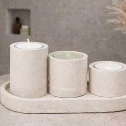 Handmade Concrete Candle Holder Trio - Minimalist Tea Light Set With Tray Modern Neutral Home Decor Housewarming Gift - thumbnail 2