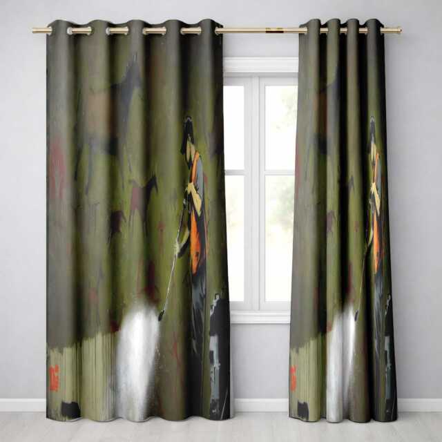 Worker Cleaning Ancient Cave Art Green Urban Mural Artistic Design For Home Decor Readymade Eyelet Ring Top Thermal 100% Blackout Curtains - image 1
