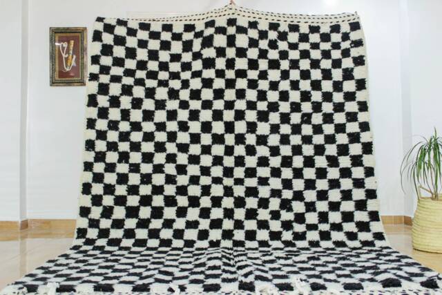 Moroccan Black & White Checkered Rug, Morocco Checker Morrocan Checkerboard Beni Ourain Moroccan Carpet For Living Room - image 1