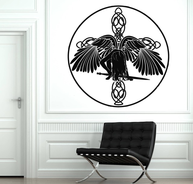 Wall Art Mural Celtic Cross Angel With Wings & Sword in Circle Living Room Decor - #2601Dn - image 1
