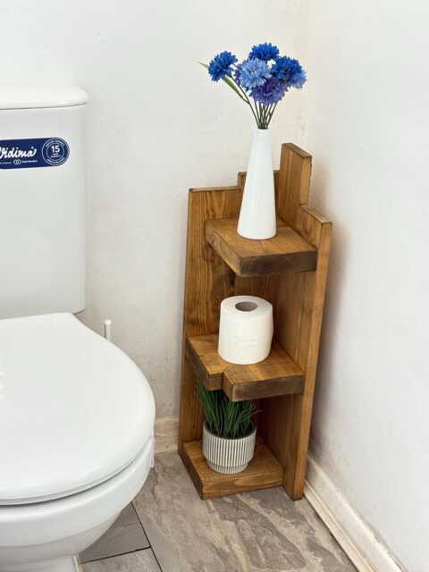 Corner Toilet Shelf, Freestand Wooden Storage Rack, 3 Tier Bathroom Cabinet, Paper Stand Organiser, Colour Medium Oak - image 1