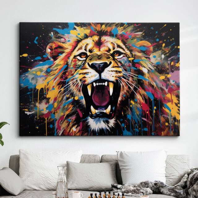 Colorful Lion Roar Abstract Oil Painting Splatter Style Wall Art, Framed Canvas Poster Print, Home Kitchen Office Room Decor, Gifts - image 1