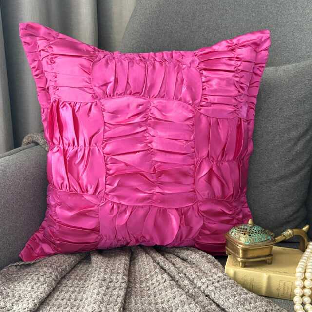 Hot Pink Satin, Ruched Textured Solid Pattern, Contemporary Throw Pillow Cover/Euro Sham - Dreamy Hotty - image 1
