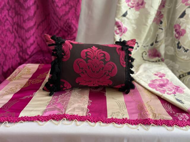 "Black & Pink Flocked Pillow Cover With Tassel Trim - 12""x 20" - image 1