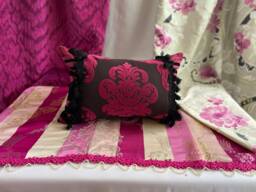"Black & Pink Flocked Pillow Cover With Tassel Trim - 12""x 20" - thumbnail 1