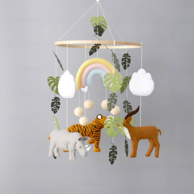 Jungle Safari Baby Mobile With Antelope Tiger Hippo Rainbow Felt Animal Crib For Nursery - image 1