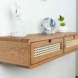 Solid Oak Floating Console Table With Rattan Drawers, Narrow Entryway Hallway - thumbnail 2