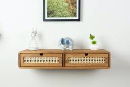 Solid Oak Floating Console Table With Rattan Drawers, Narrow Entryway Hallway
