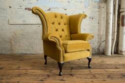 British Handmade Mustard Velvet Fabric Chesterfield Wing Chair