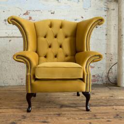 British Handmade Mustard Velvet Fabric Chesterfield Wing Chair - thumbnail 2