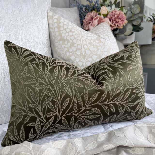 Olive Green Leaf Design Cushion Cover Lumbar 12x20 - image 1