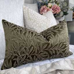 Olive Green Leaf Design Cushion Cover Lumbar 12x20 - thumbnail 1