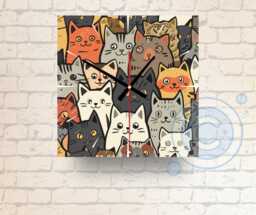 Cat Crowd Glass Wall Clock Quirky Feline Home Decor - 20cm Or 30cm - thumbnail 1