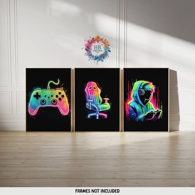 Neon Gamer Print Poster - Set Of 3 Gaming Prints - Game Bedroom Decor Gift For Gamers Room Console Video Wall Art - image 1