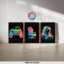 Neon Gamer Print Poster - Set Of 3 Gaming Prints - Game Bedroom Decor Gift For Gamers Room Console Video Wall Art - thumbnail 1