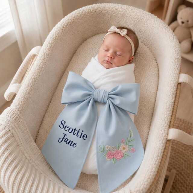 Custom Wildflower Embroidered Newborn Bow Sash, Baby Hospital Roses Floral Swaddle, Sash For Picture, Shower Gift - image 1
