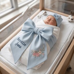 Custom Wildflower Embroidered Newborn Bow Sash, Baby Hospital Roses Floral Swaddle, Sash For Picture, Shower Gift - thumbnail 3