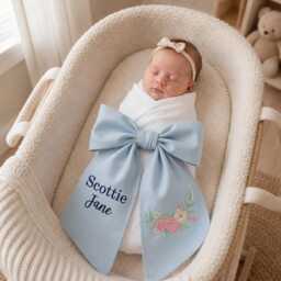 Custom Wildflower Embroidered Newborn Bow Sash, Baby Hospital Roses Floral Swaddle, Sash For Picture, Shower Gift - thumbnail 1