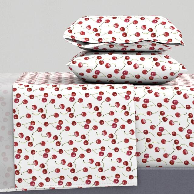 Cherry Print Sheet Set - Watercolor Fruit Bedding, Cotton Sateen - image 1