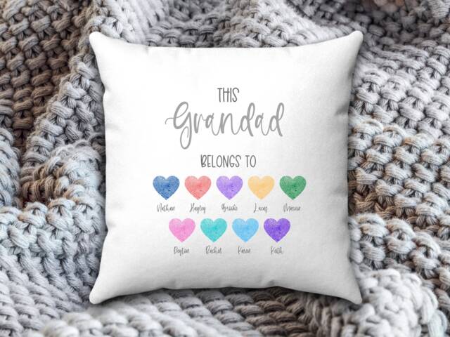 This Grandad Belongs To, Personalised Cushion, Present, Fathers Day Gift For Grandad, From Grandchildren, Thumbprints, Cushion - image 1