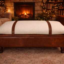 Mayfair Ottoman Footstool With Storage in Ivory Boucle Fabric Chestnut Faux Leather Base - thumbnail 3