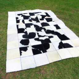 Patchwork Cowhide Rug Natural Hair On - Big Natural Black, White, Dark Brown Tones Soft Pa32 Custom Made - thumbnail 2