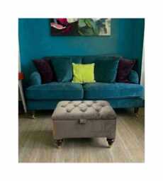 Plush Velvet Ottoman Storage Box With Dark Brown Cup Castor Legs Coffee Table, Footstool