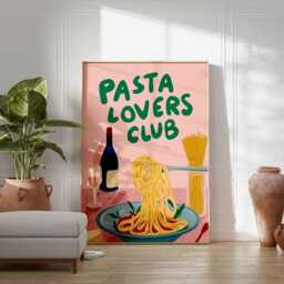 Pasta Lovers Club Poster, Fun Italian Food Wall Art, Spaghetti & Wine Print, Playful Kitchen Decor, Retro Dining Room Illustration - thumbnail 3