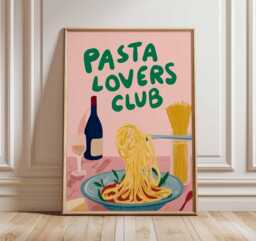 Pasta Lovers Club Poster, Fun Italian Food Wall Art, Spaghetti & Wine Print, Playful Kitchen Decor, Retro Dining Room Illustration - thumbnail 1