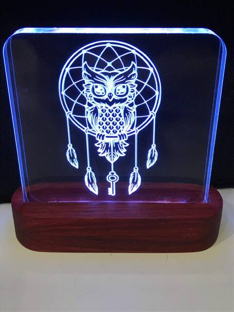 Dreamcatcher Night Light - Etched Into Clear Glass Like Acrylic On Hand Crafted African Padauk Wood Base. Native American Dream Cather