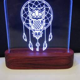 Dreamcatcher Night Light - Etched Into Clear Glass Like Acrylic On Hand Crafted African Padauk Wood Base. Native American Dream Cather - thumbnail 2
