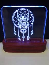 Dreamcatcher Night Light - Etched Into Clear Glass Like Acrylic On Hand Crafted African Padauk Wood Base. Native American Dream Cather