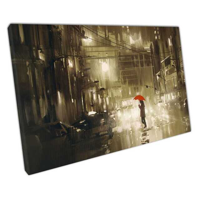 Rainy Night Street Scene Wall Art - Woman With Red Umbrella Print For Home Office Decor - image 1