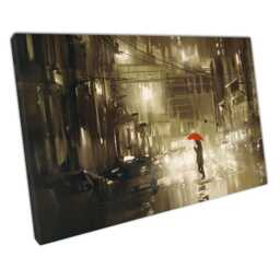 Rainy Night Street Scene Wall Art - Woman With Red Umbrella Print For Home Office Decor - thumbnail 1