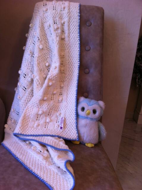 Knitted Baby Blanket in Pure Merino Wool, With Fretwork & Bobbles, Cradle, Cot Pram Cover - image 1