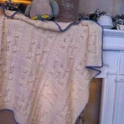 Knitted Baby Blanket in Pure Merino Wool, With Fretwork & Bobbles, Cradle, Cot Pram Cover - thumbnail 3