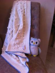 Knitted Baby Blanket in Pure Merino Wool, With Openwork & Bobbles, Cot Blanket, Pram