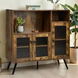 Kitchen Sideboard Cabinet Rustic Brown Buffet Storage Cabinet With Glass Doors & Adjustable Shelves