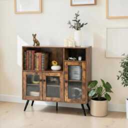 Kitchen Sideboard Cabinet Rustic Brown Buffet Storage Cabinet With Glass Doors & Adjustable Shelves - thumbnail 2